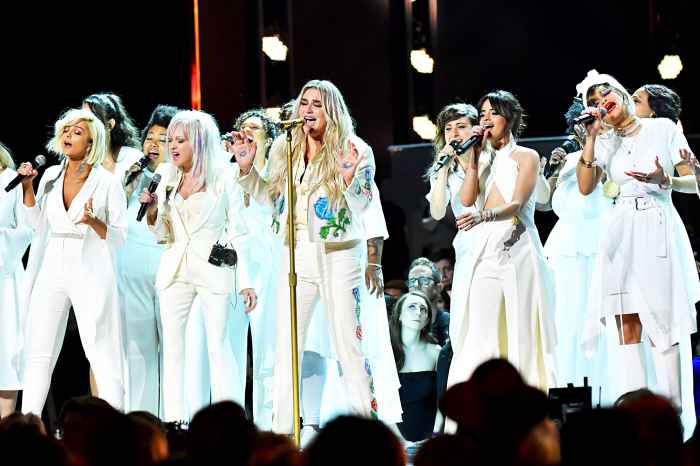 Bebe Rexha, Cyndi Lauper, Kesha, Camila Cabello, Andra Day and Julia Michaels perform onstage during the 60th Annual Grammy Awards at Madison Square Garden on January 28, 2018 in New York City.