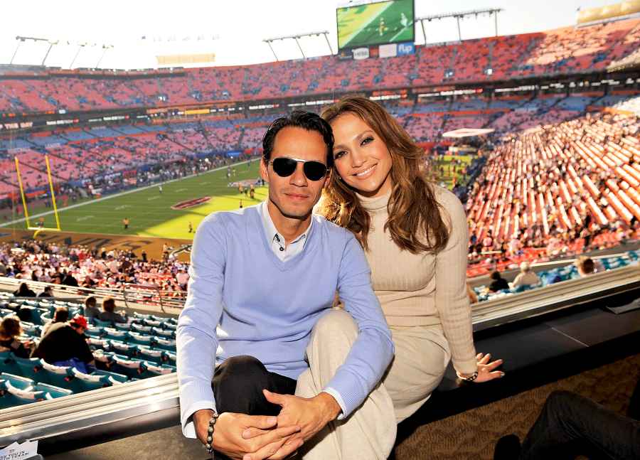 Jennifer Lopez and Marc Anthony attend Super Bowl XLIV at Sun Life Stadium on February 7, 2010 in Miami Gardens, Florida.