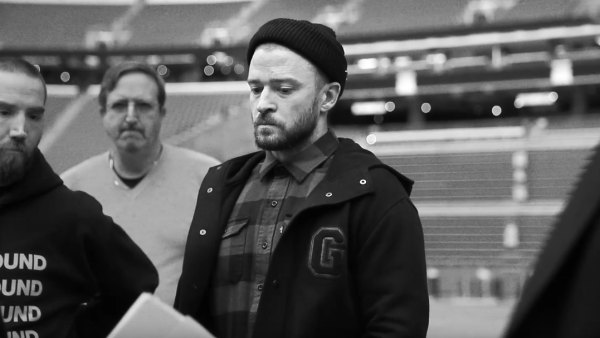 Justin Timberlake and his backup dancers rehearse for the Super Bowl Halftime Show.