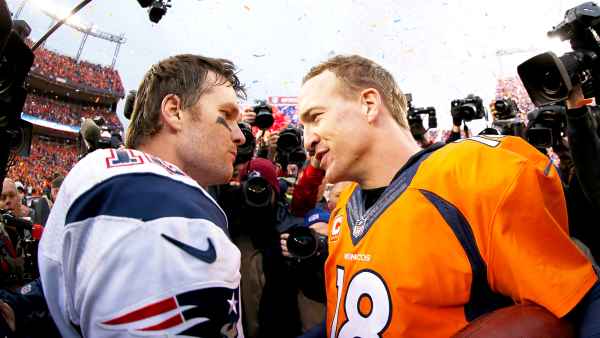 Peyton Manning #18 of the Denver Broncos and Tom Brady #12 of the New England Patriots during the 2016 AFC Championship game at Sports Authority Field at Mile High in Denver, Colorado.