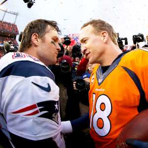Peyton Manning #18 of the Denver Broncos and Tom Brady #12 of the New England Patriots during the 2016 AFC Championship game at Sports Authority Field at Mile High in Denver, Colorado.