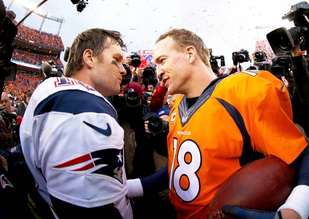 Peyton Manning #18 of the Denver Broncos and Tom Brady #12 of the New England Patriots during the 2016 AFC Championship game at Sports Authority Field at Mile High in Denver, Colorado.