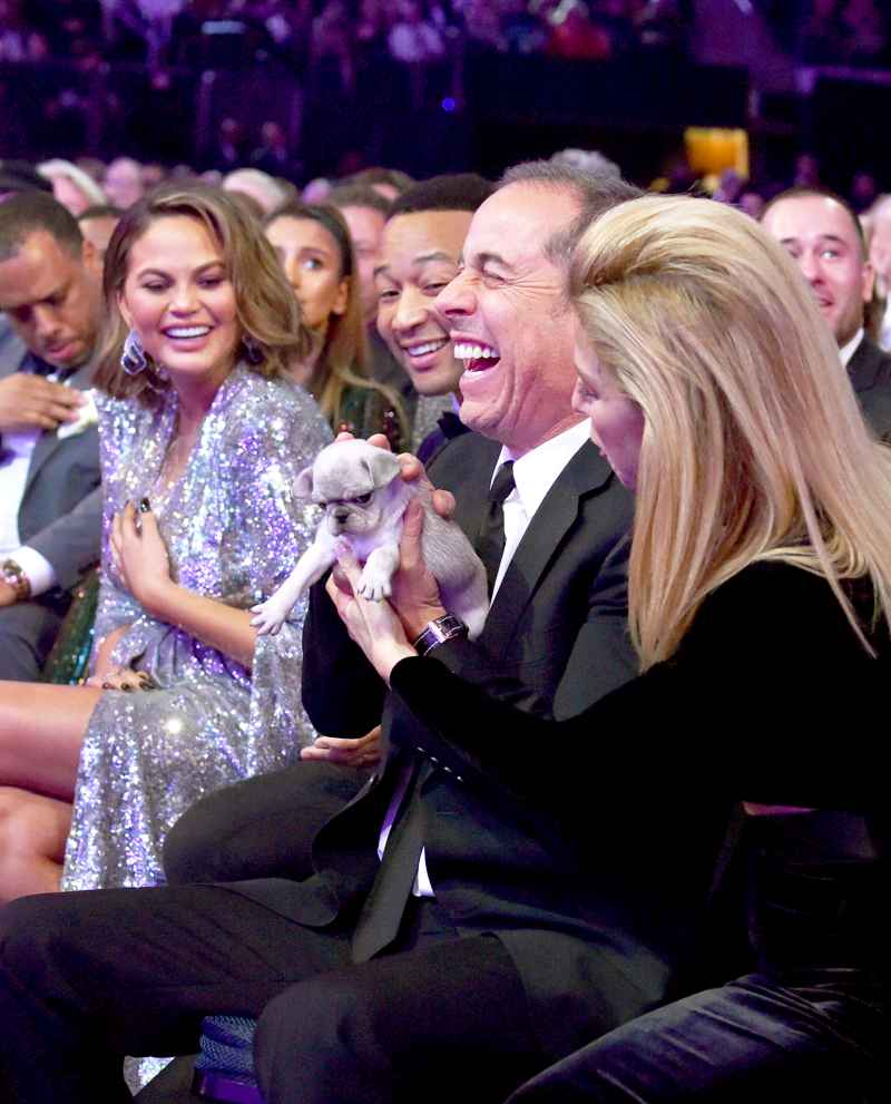 Chrissy Teigen, John Legend, Jerry Seinfeld and Jessica Seinfeld attend the 60th Annual Grammy Awards at Madison Square Garden on January 28, 2018 in New York City.