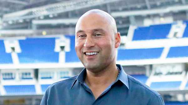 Derek Jeter attends a press conference at Marlins Park in Miami on February 13, 2018.