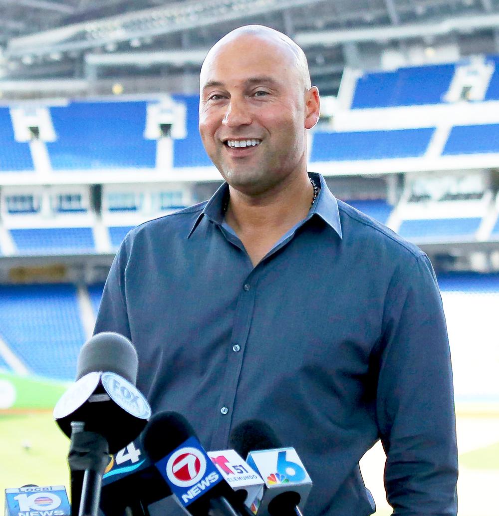 Derek Jeter attends a press conference at Marlins Park in Miami on February 13, 2018.