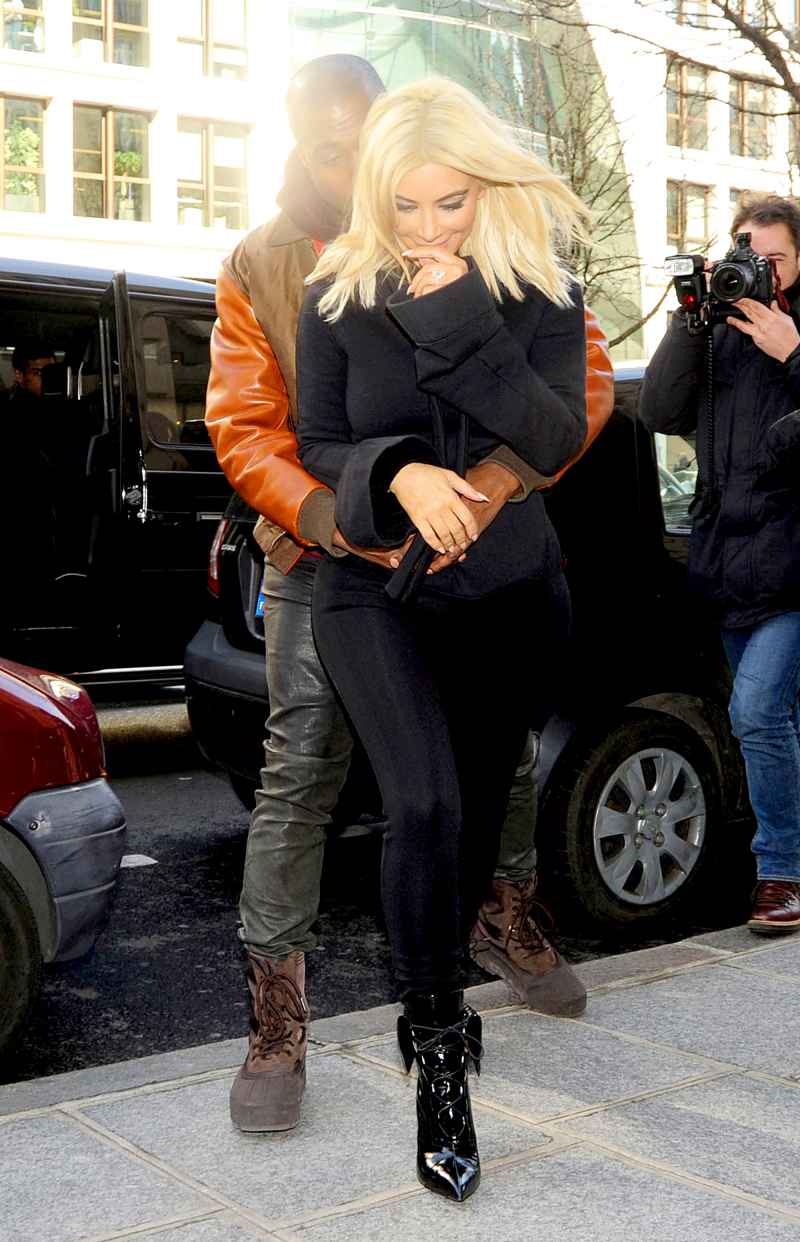 Kim Kardashian and Kanye West arrive at the Royal Monceau Palace Hotel in Paris on March 6, 2015.