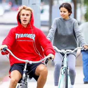 Justin Bieber and Selena Gomez step out together for a biking session in Los Angeles, California on November 1, 2017.