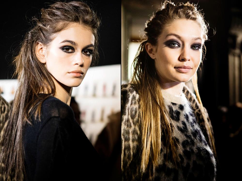 Kaia Gerber and Gigi Hadid seen backstage during the Max Mara show at Milan Fashion Week Fall/Winter 2018/19 on February 22, 2018 in Milan, Italy.