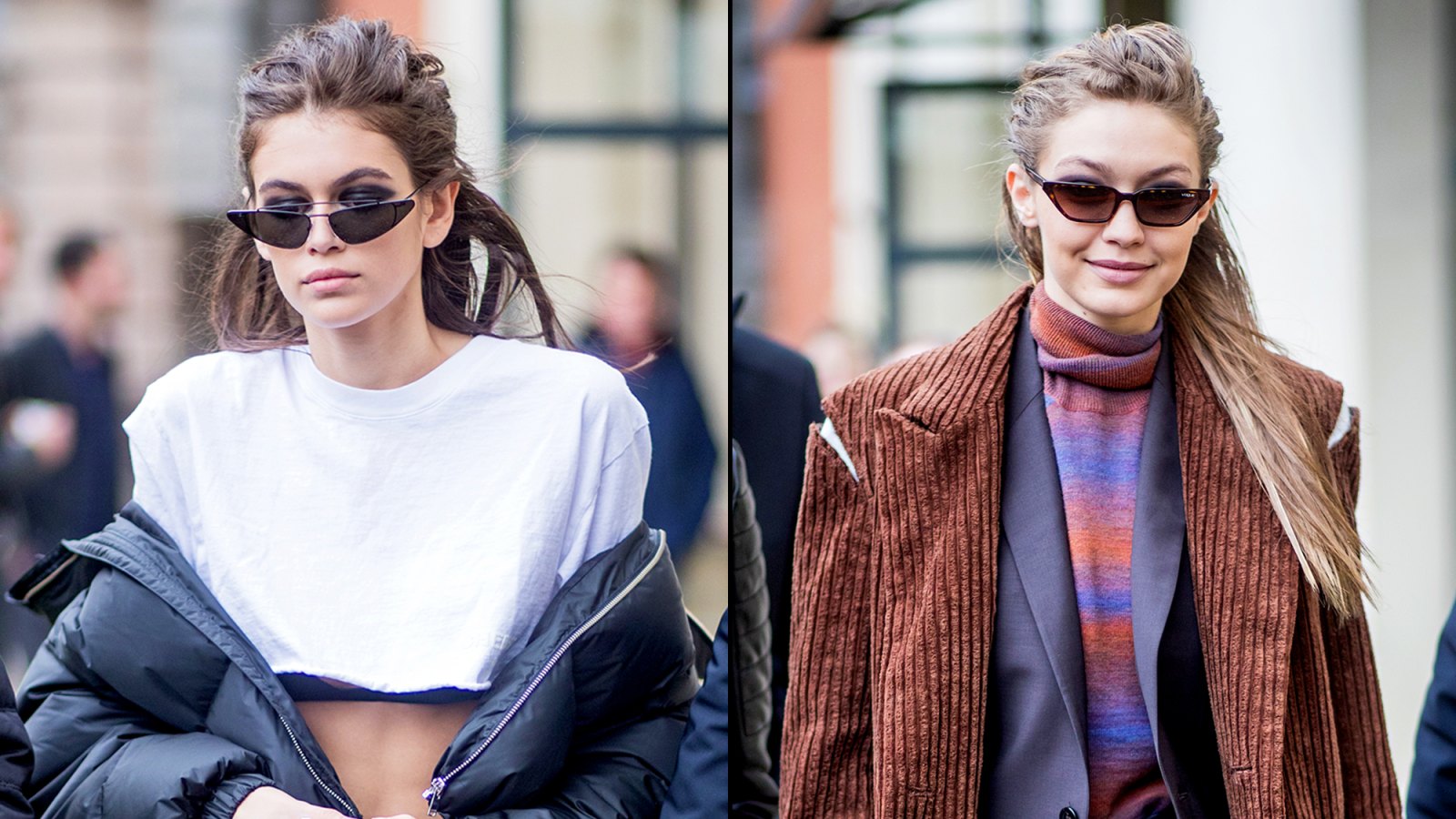 Kaia Gerber and Gigi Hadid step out during Milan Fashion Week Fall/Winter 2018/19 on February 22, 2018 in Milan, Italy.
