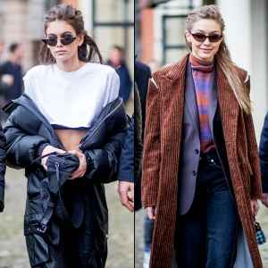 Kaia Gerber and Gigi Hadid step out during Milan Fashion Week Fall/Winter 2018/19 on February 22, 2018 in Milan, Italy.