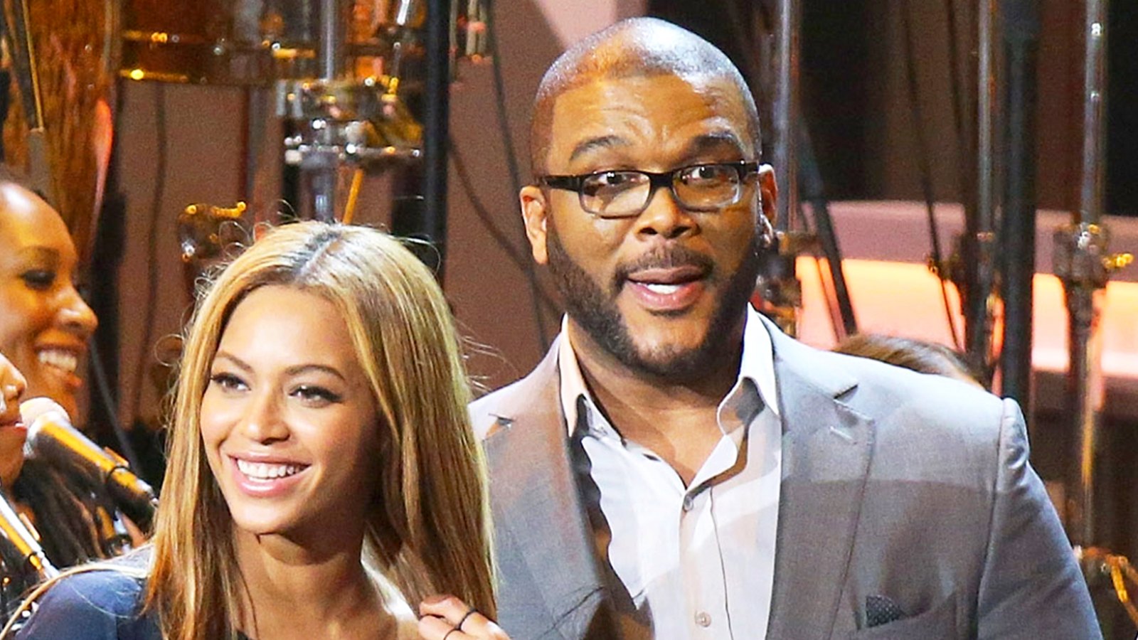 Beyonce and Tyler Perry onstage during the Stevie Wonder: Songs In The Key Of Life - An All-Star 2015 Grammy Salute held at Nokia Theatre L.A. Live in Los Angeles, California.