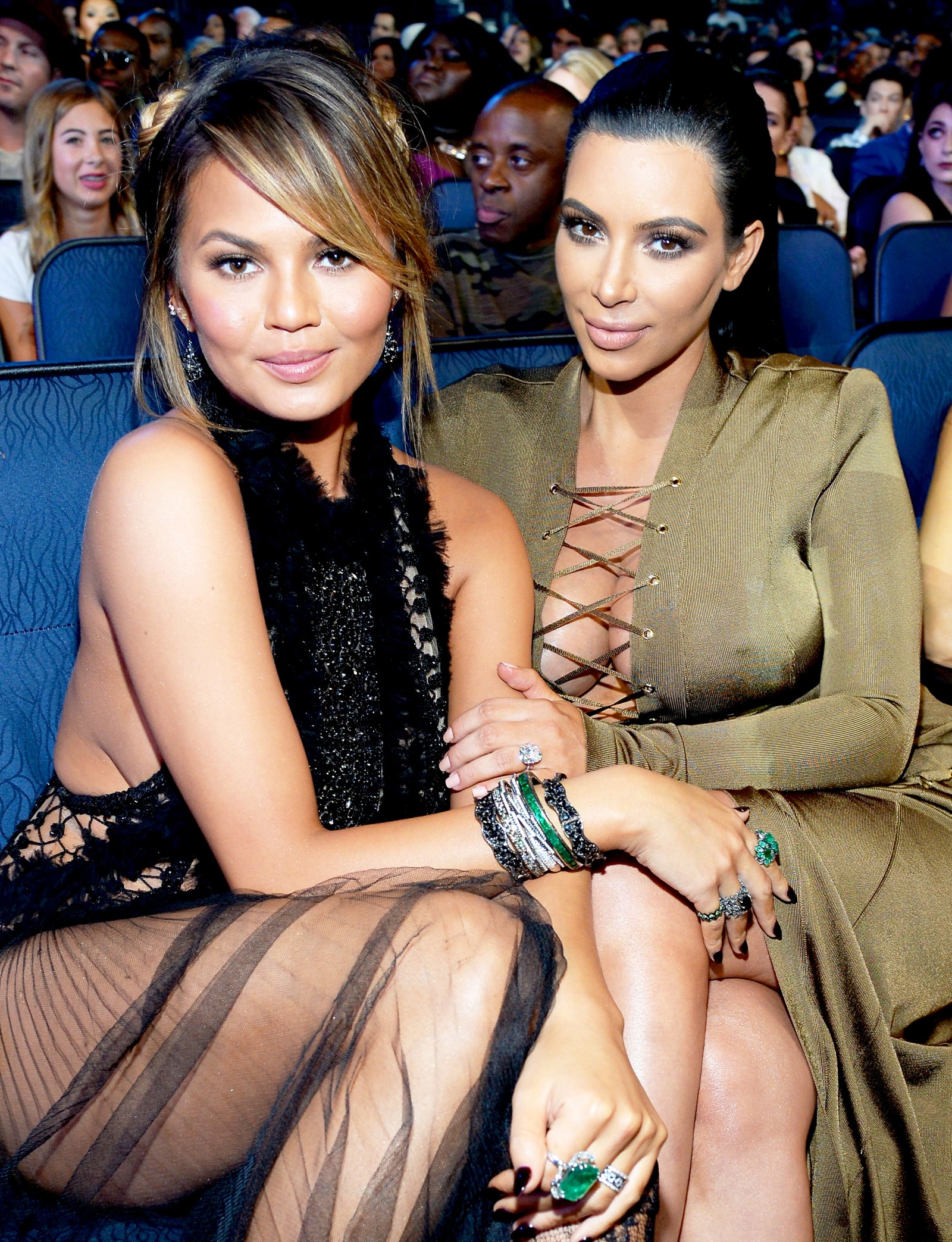 Chrissy Teigen and Kim Kardashian attend the 2015 MTV Video Music Awards at Microsoft Theater in Los Angeles, California.