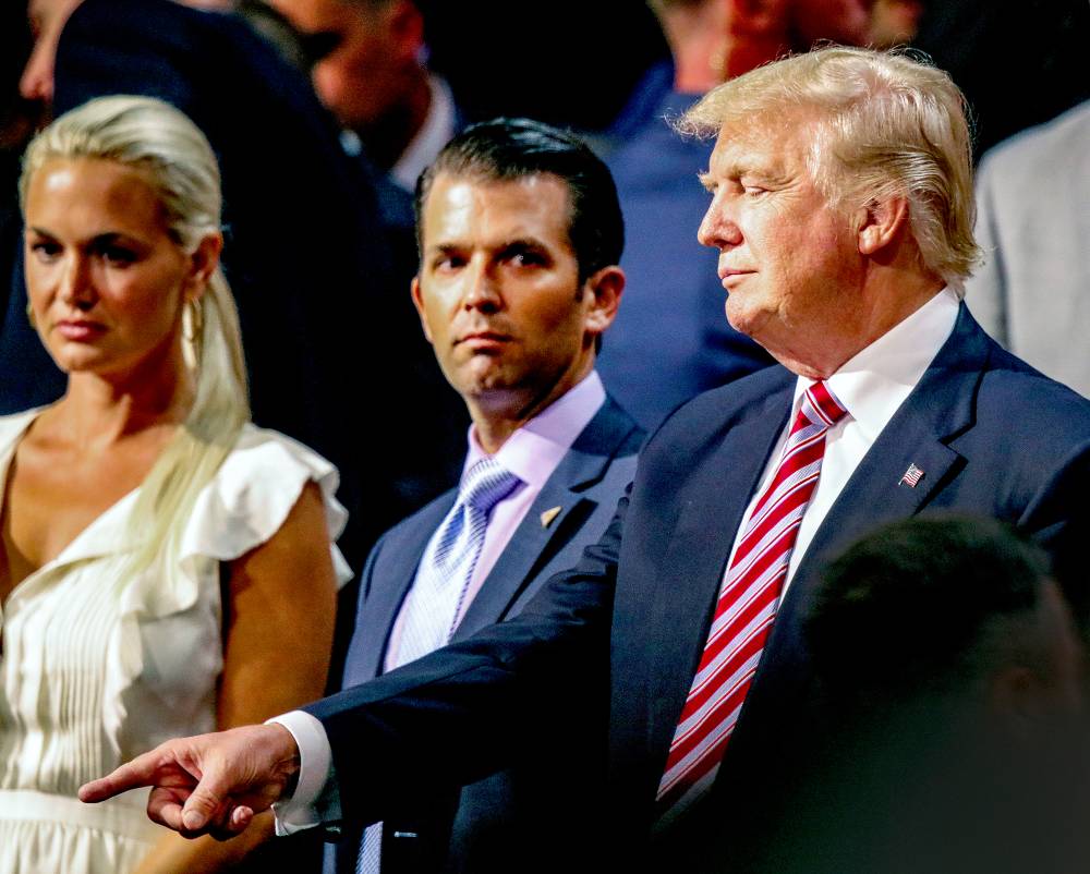 Donald Trump stands with his Vanessa Trump and son Donald Trump Jr. during the Republican National Convention at the Quicken Arena in Cleveland, Ohio on July 20, 2016.