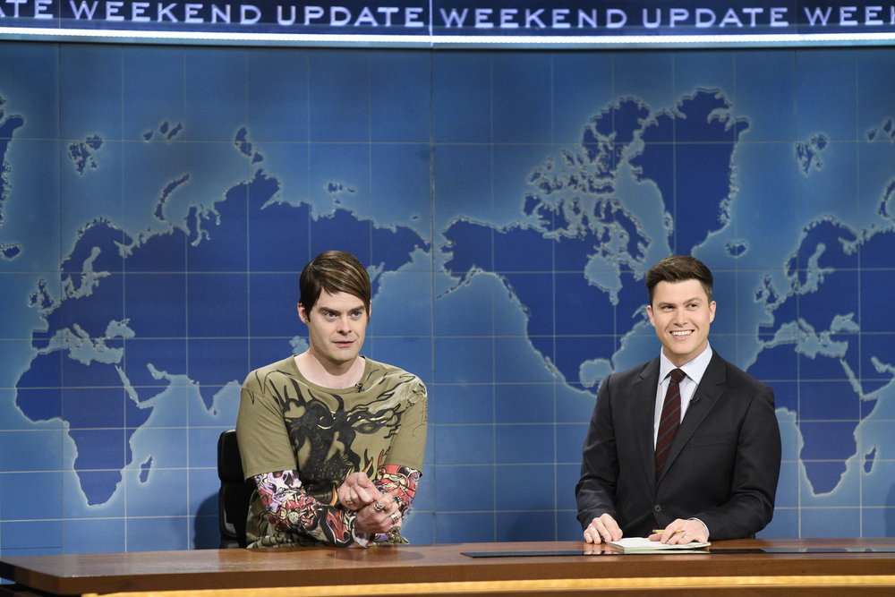 Bill Hader as Stefon and Colin Jost on Saturday Night Live's 'Weekend Update,' March 17, 2018