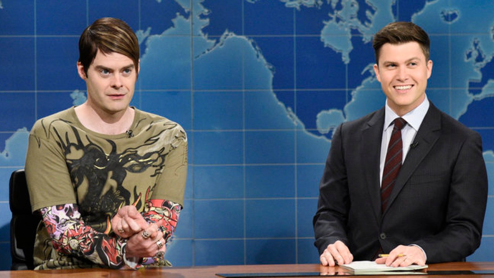 Bill Hader as Stefon and Colin Jost on Saturday Night Live's 'Weekend Update,' March 17, 2018