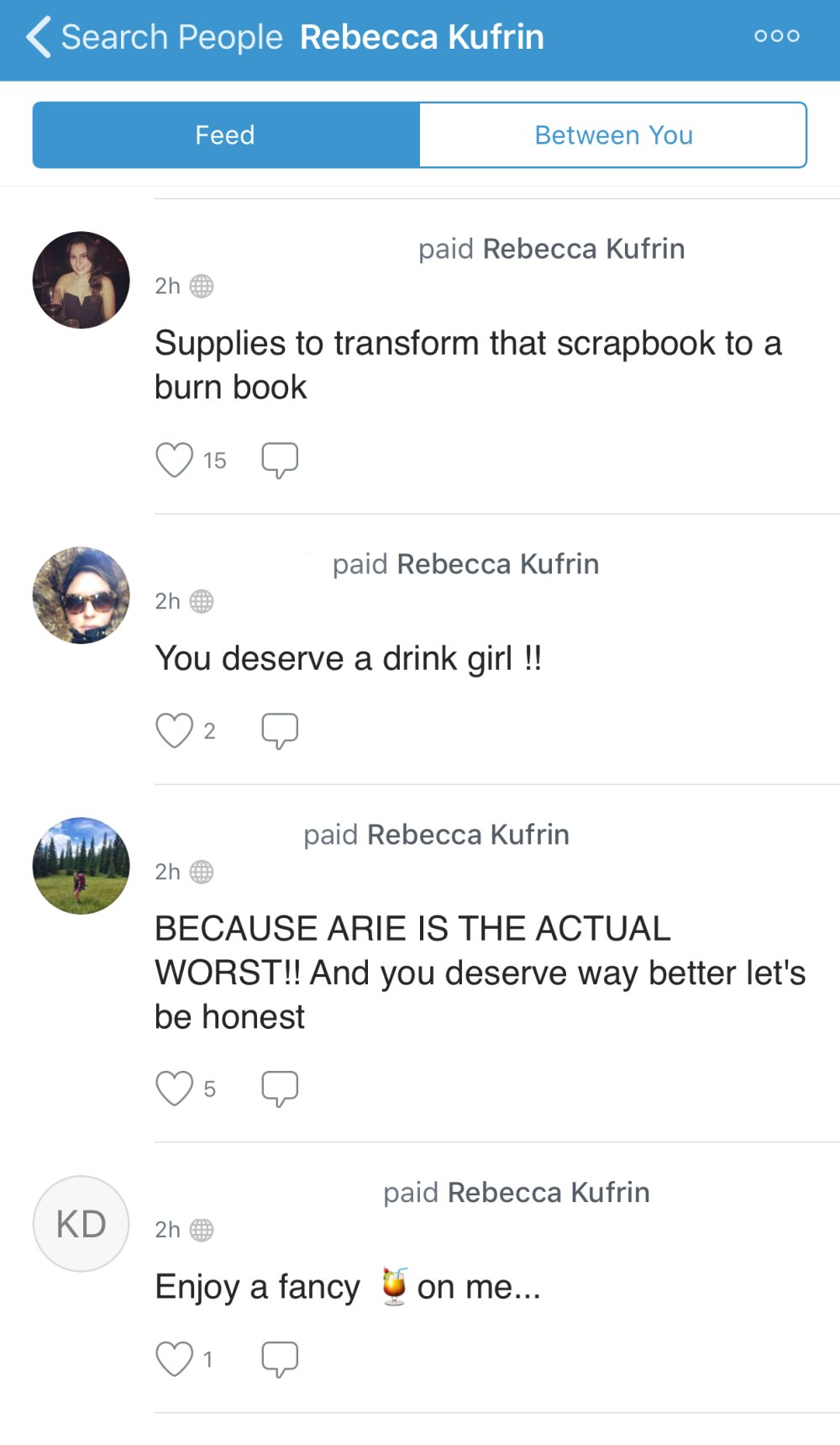 Rebecca Kufrin's vemo account, money donations for wine