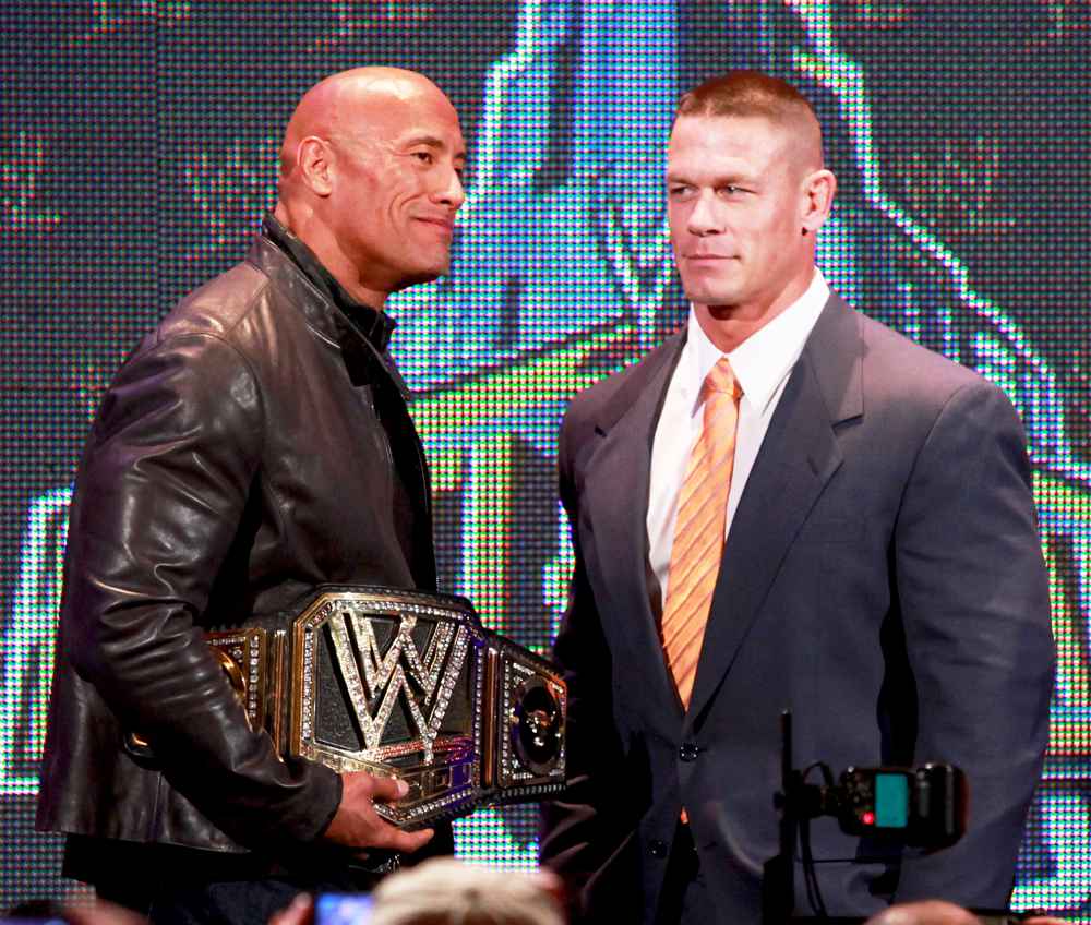 The Rock and John Cena attend the WrestleMania 29 Press Conference at Radio City Music Hall on April 4, 2013 in New York City.