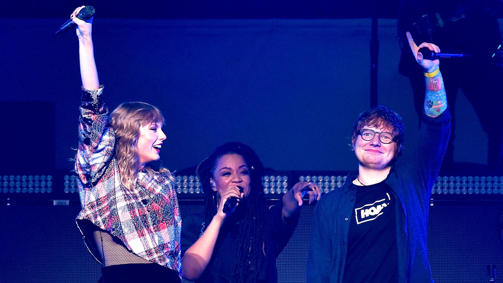 Ed Sheeran joins Taylor Swift onstage during the 99.7 NOW! POPTOPIA 2017 at SAP Center in San Jose, California.