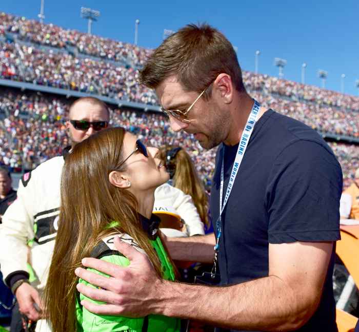 Danica Patrick and Aaron Rodgers during the NASCAR Cup Series 60th Annual Daytona 500 at Daytona International Speedway on February 18, 2018 in Daytona Beach, Florida.