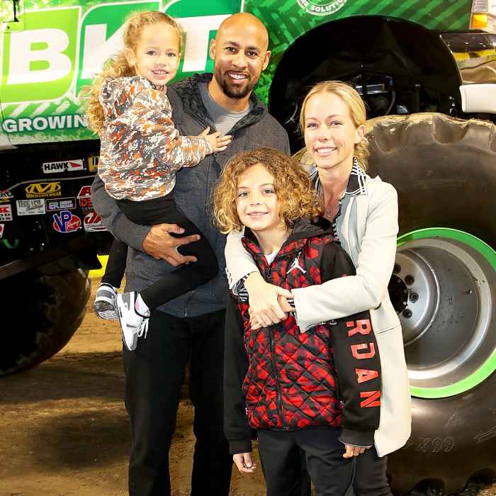 Kendra Wilkinson and Hank Baskett with son Hank and daughter Alijah attend Monster Jam Celebrity 2018 Event at Angel Stadium in Anaheim, California.