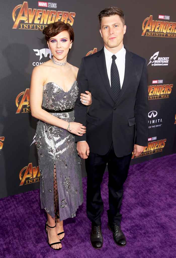 Scarlett Johansson and Colin Jost attend the Los Angeles Global Premiere for Disney And Marvel's "Avengers: Infinity War" on April 23, 2018 in Hollywood, California.