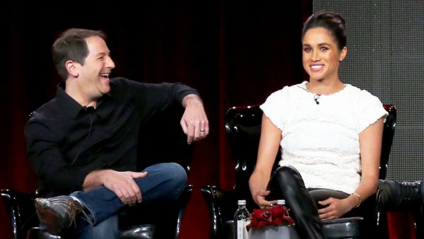 Aaron Korsh and Meghan Markle attend NBCUniversal 2014 Press Tour in West Hollywood, California.