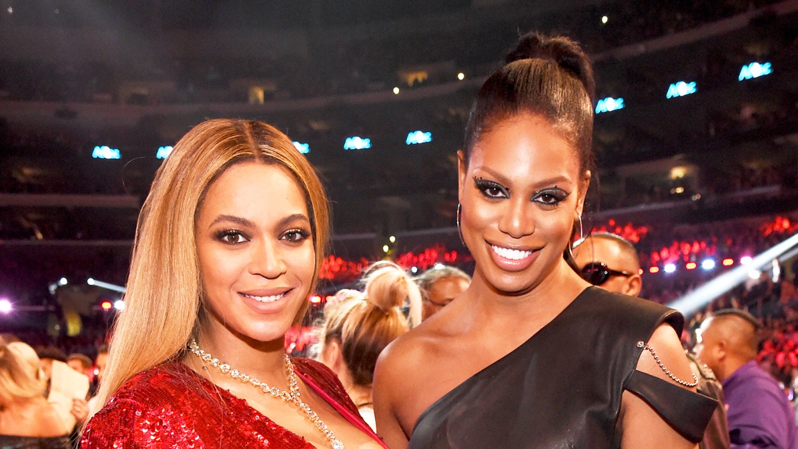 Beyonce and Laverne Cox during The 59th Grammy Awards at Staples Center in Los Angeles, California.
