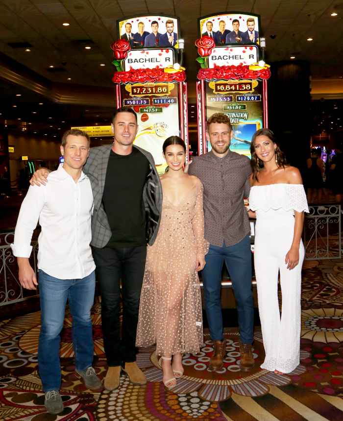 Jake Pavelka, Ben Higgins, Ashley Iaconetti, Nick Viall and Becca Kufrin attend an unveiling of "The Bachelor" themed slot machine at the MGM Grand Hotel & Casino on May 17, 2018 in Las Vegas, Nevada.