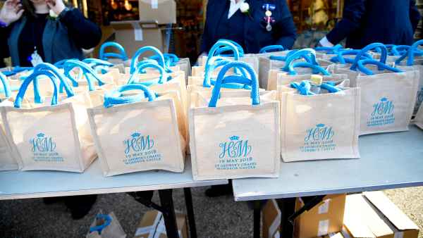 Monogrammed gift bags at Windsor Castle before the wedding of Prince Harry to Meghan Markle on May 19, 2018 in Windsor, England.