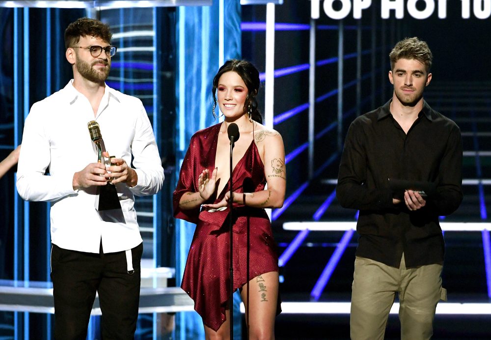 Alex Pall of The Chainsmokers, Halsey, and Andrew Taggart of The Chainsmokers