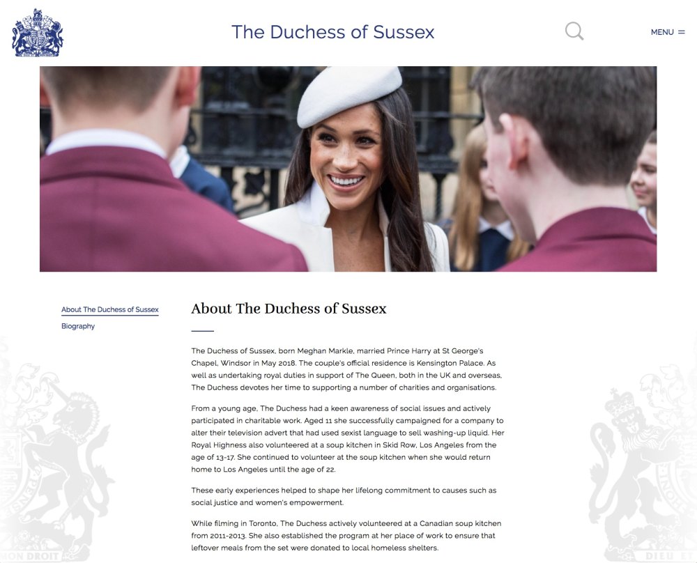 Meghan, the Duchess of Sussex, has an official page on the royal family's website