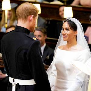 Prince Harry and Meghan Markle exchange vows during their wedding ceremony in St. George's Chapel at Windsor Castle on May 19, 2018 in Windsor, England.