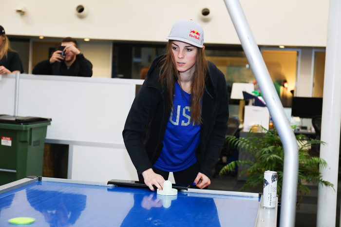 Olympian-Hilary-Knight-brushes-up-on-her-air-hockey-skills-during-Off-Season-while-enjoying-the-new-Red-Bull-Summer-Edition-Coconut-Berry-