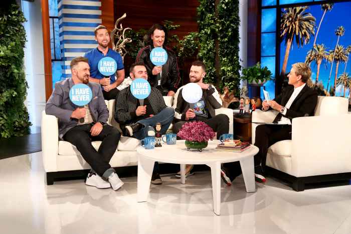 NSYNC bandmates Lance Bass, Joey Fatone, JC Chasez, Chris Kirkpatrick and Justin Timberlake on ‘The Ellen DeGeneres Show‘