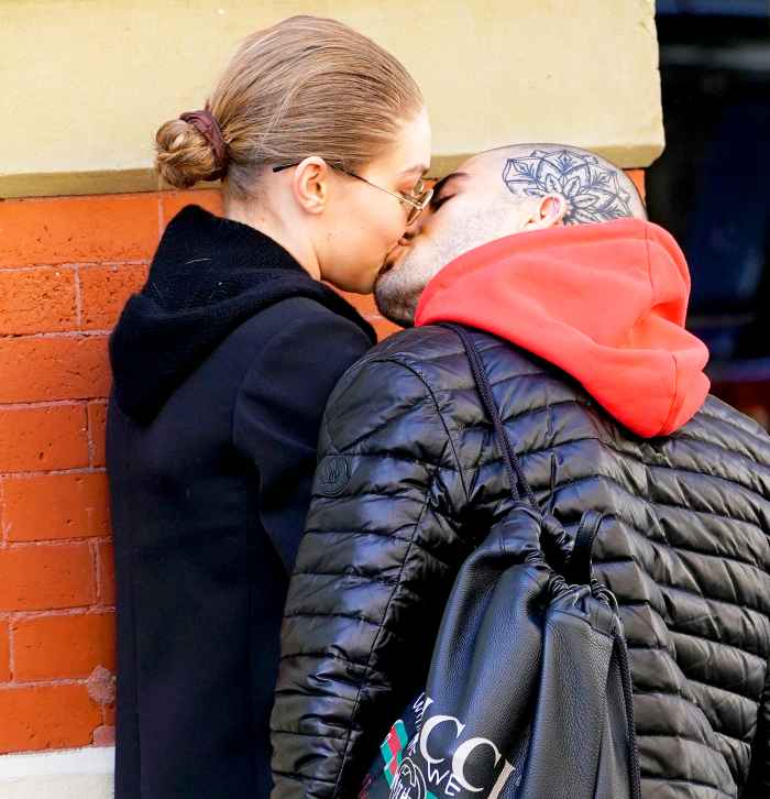 Gigi Hadid and Zayn Malik kiss on April 29, 2018 in New York City.
