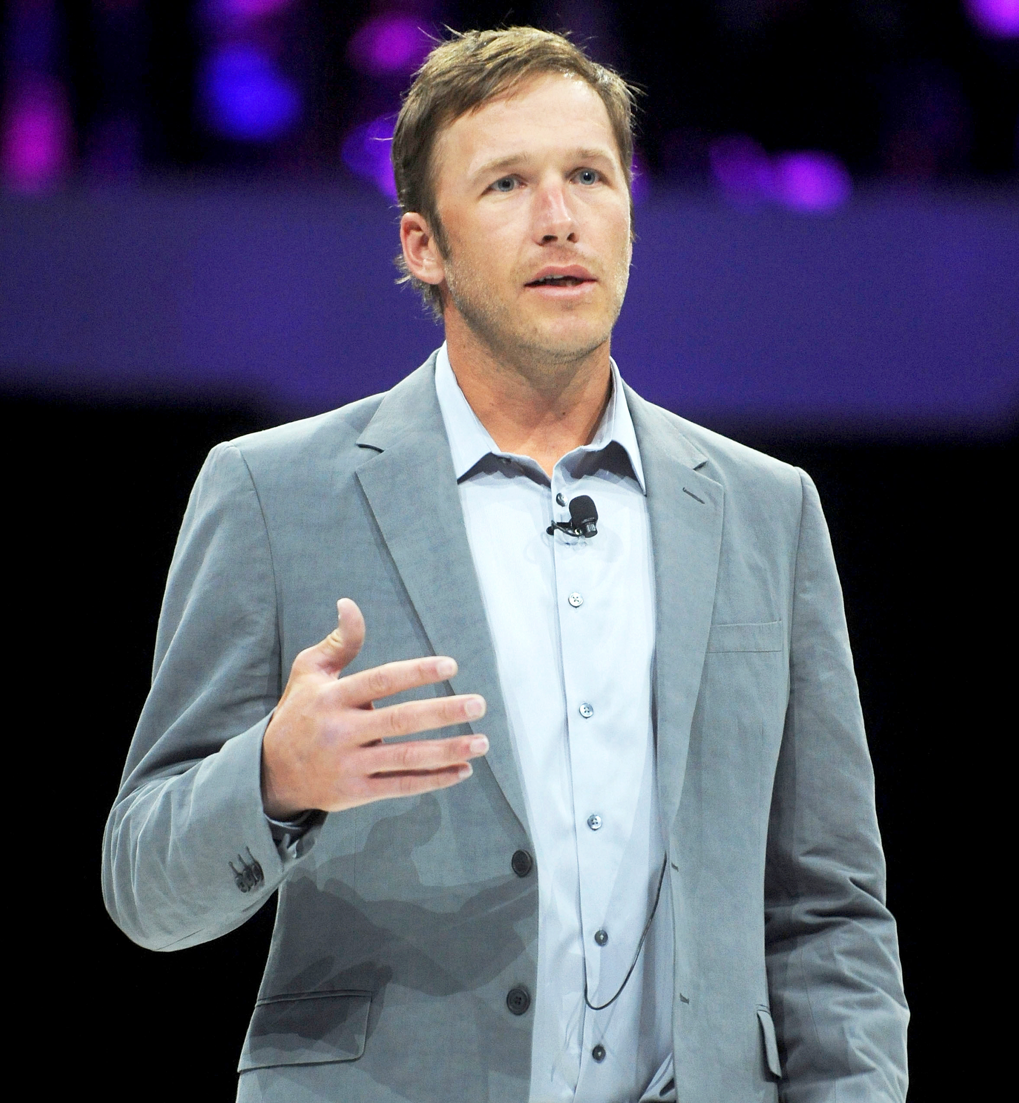 Bode Miller speaks onstage at the 2014 AOL NewFronts at Duggal Greenhouse in New York.