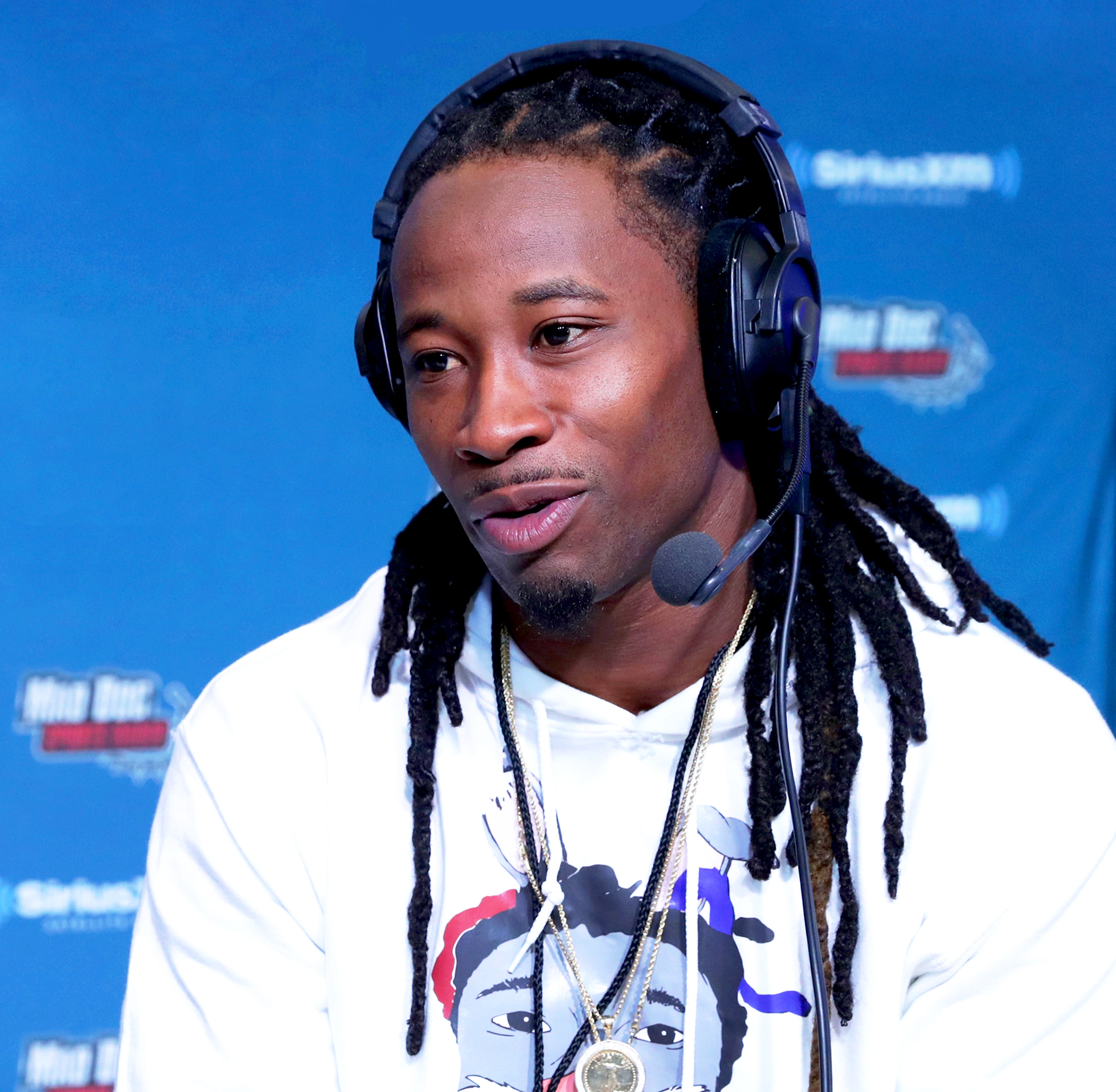 New York Giants Janoris Jenkins visits the SiriusXM set at 2017 Super Bowl LI Radio Row at the George R. Brown Convention Center in Houston, Texas.