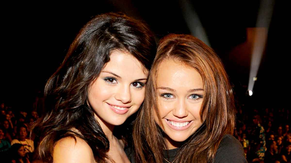 Selena Gomez and Miley Cyrus during the 2008 Teen Choice Awards at Gibson Amphitheater in Los Angeles, California.