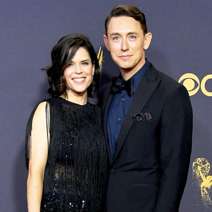 Neve Campbell and JJ Feild attend the 69th Annual Primetime Emmy Awards at Microsoft Theater in Los Angeles, California.