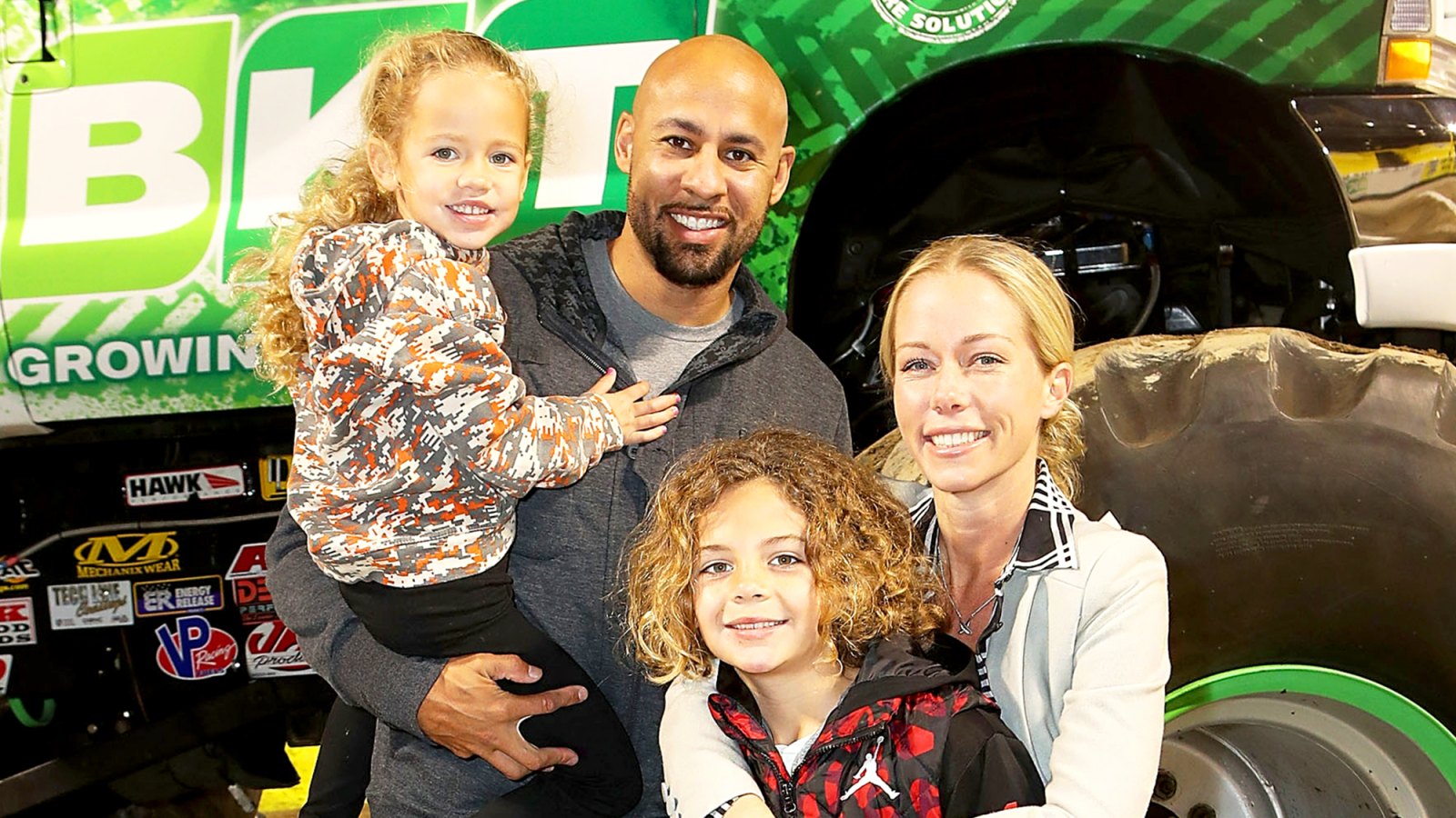 Kendra Wilkinson and Hank Baskett with son Hank and daughter Alijah attend Monster Jam Celebrity 2018 Event at Angel Stadium in Anaheim, California.