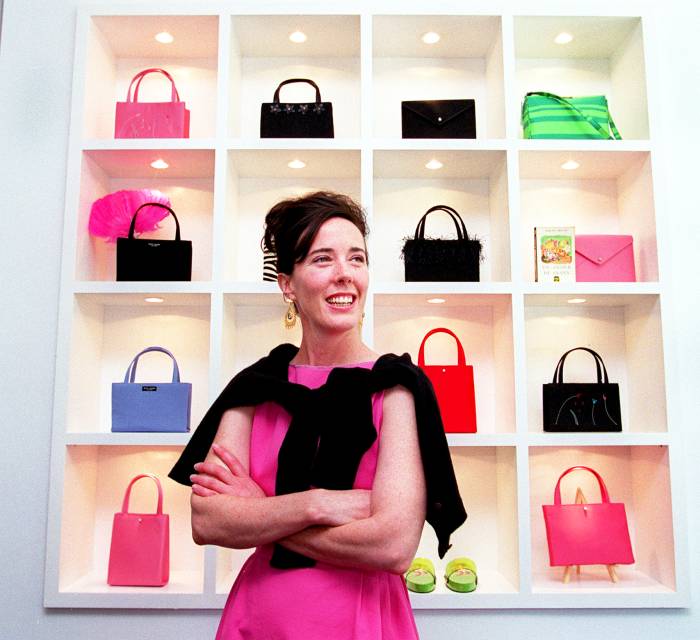 Kate Spade poses in her handbag store on Newbury Street in Boston.