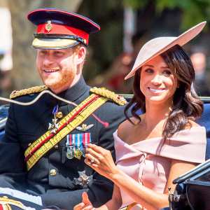 Prince Harry and Meghan Markle during Trooping The Colour 2018 on the Mall on June 9, 2018 in London, England.