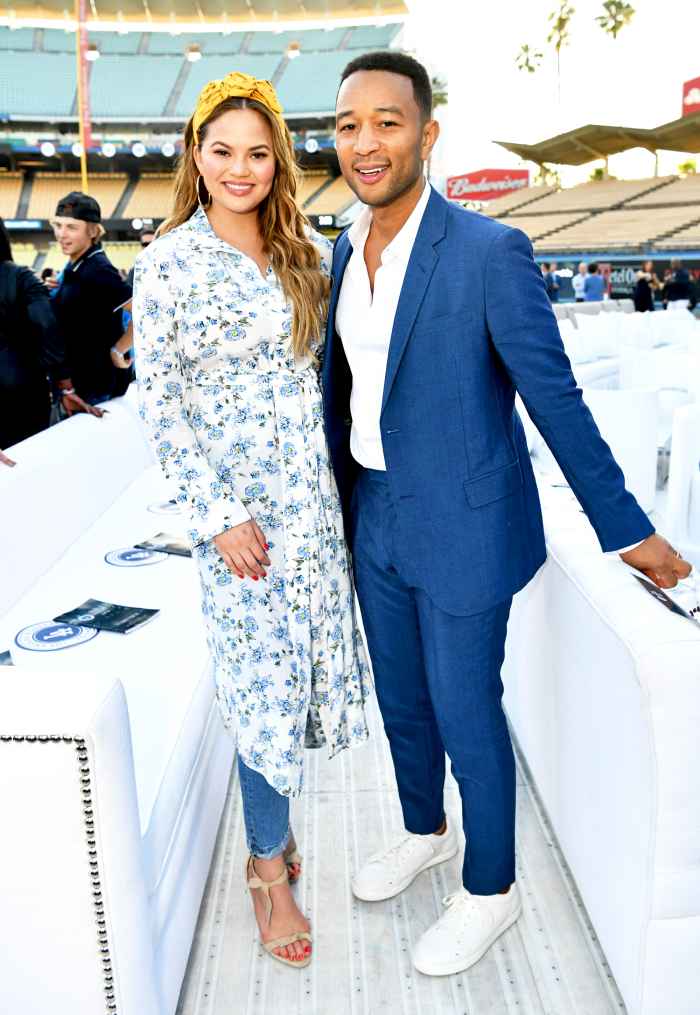 Chrissy Teigen and John Legend attends the Fourth Annual Los Angeles Dodgers Foundation Blue Diamond Gala at Dodger Stadium on June 11, 2018 in Los Angeles, California.