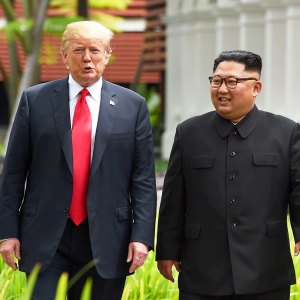 Donald Trump and Kim Jong Un during their historic US-North Korea summit at the Capella Hotel on Sentosa island in Singapore on June 12, 2018.