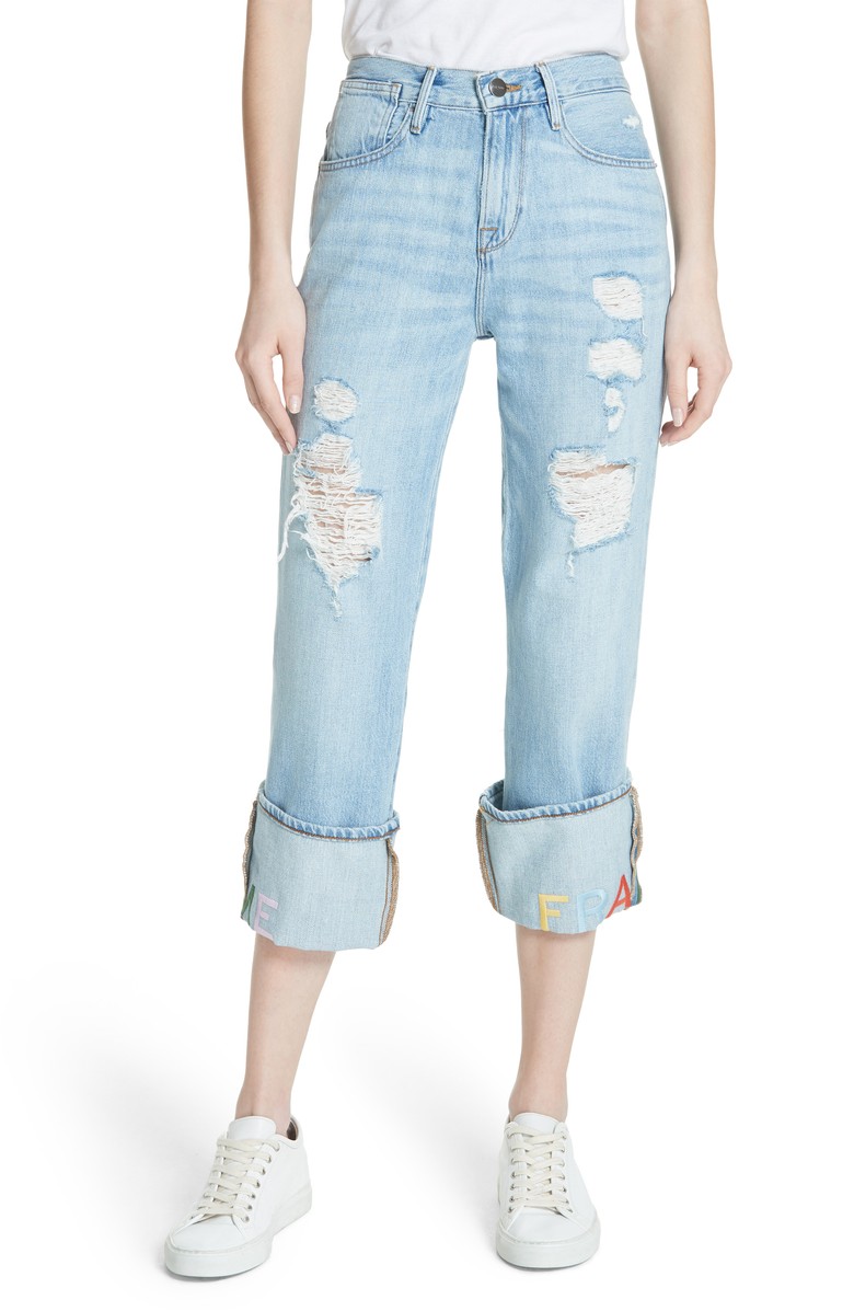 FRAME Distressed & Embroidered Straight Leg Jeans