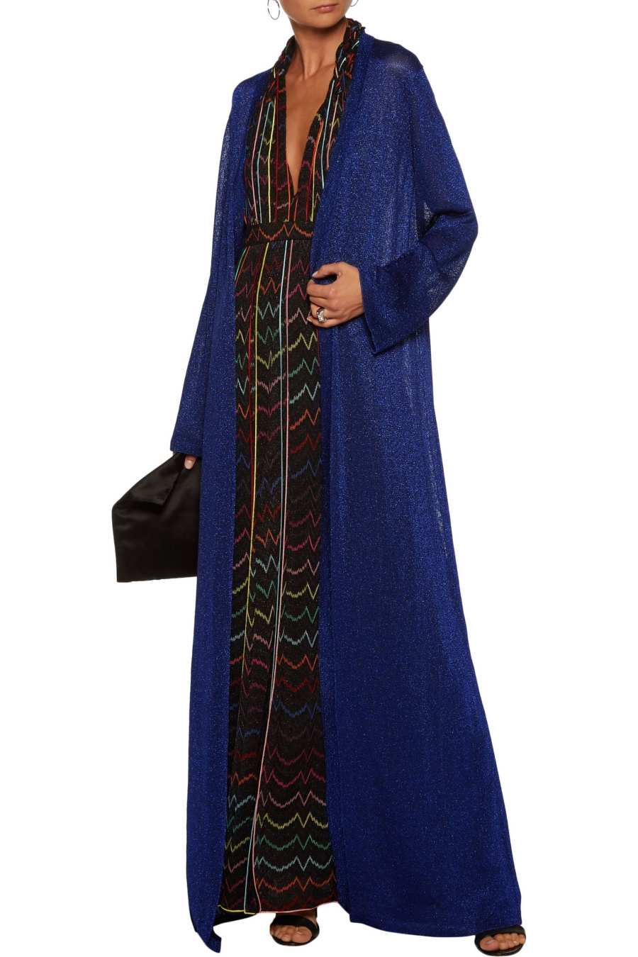 blue floor-length cardigan