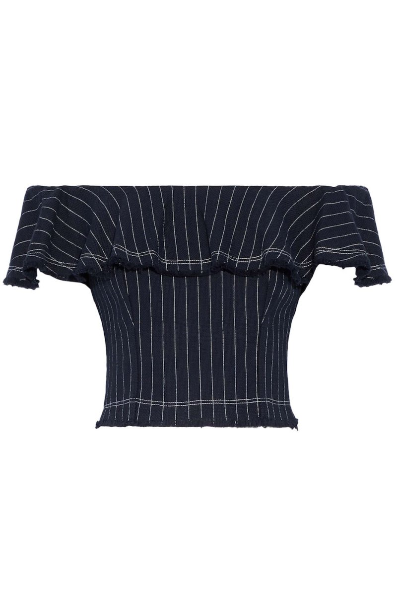T By Alexander Wang Off-the-shoulder Ruffled Pinstriped Cotton Top