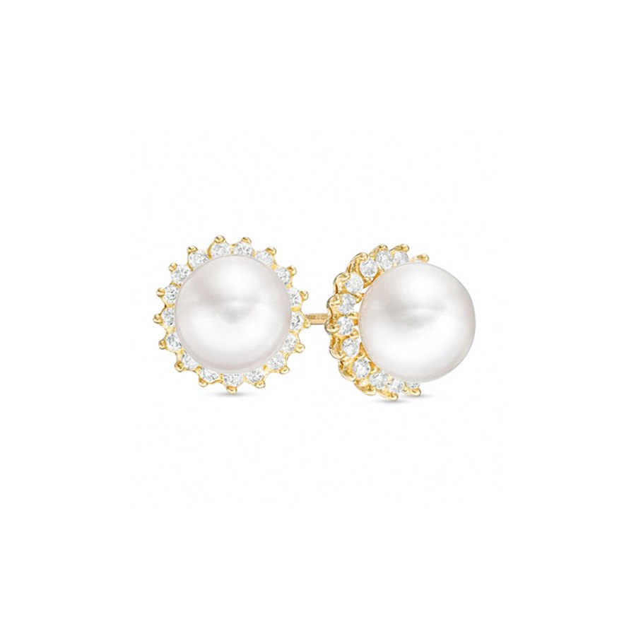 Zales Cultured Akoya Pearl and Diamond Sunburst Frame Stud Earrings