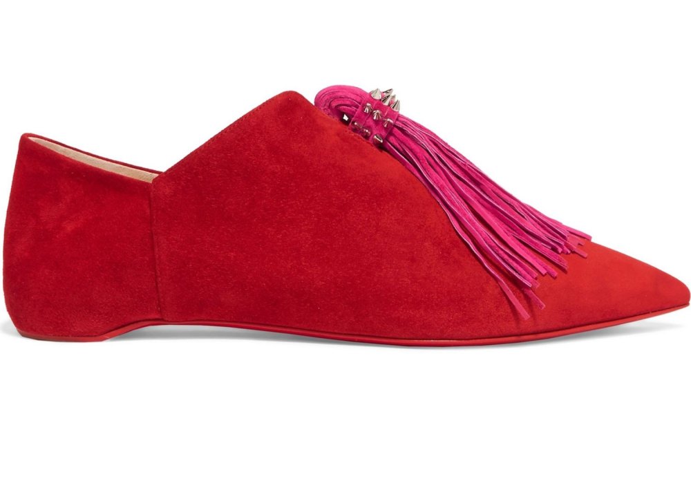 CHRISTIAN LOUBOUTIN Medinana fringed suede collapsible-heel slippers