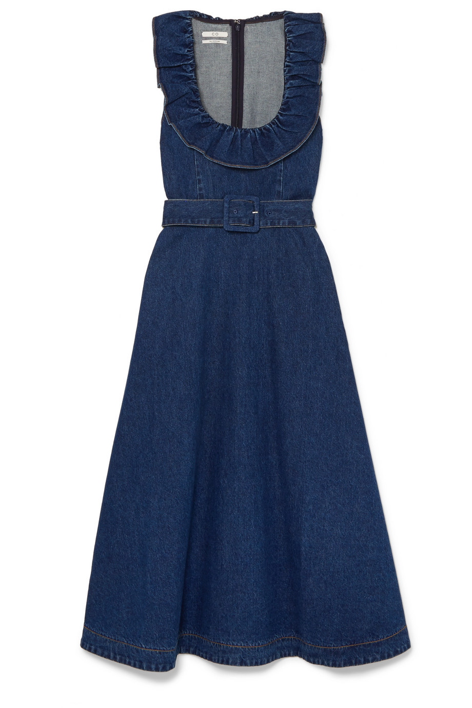 CO Belted Ruffle-Trimmed Denim Midi Dress